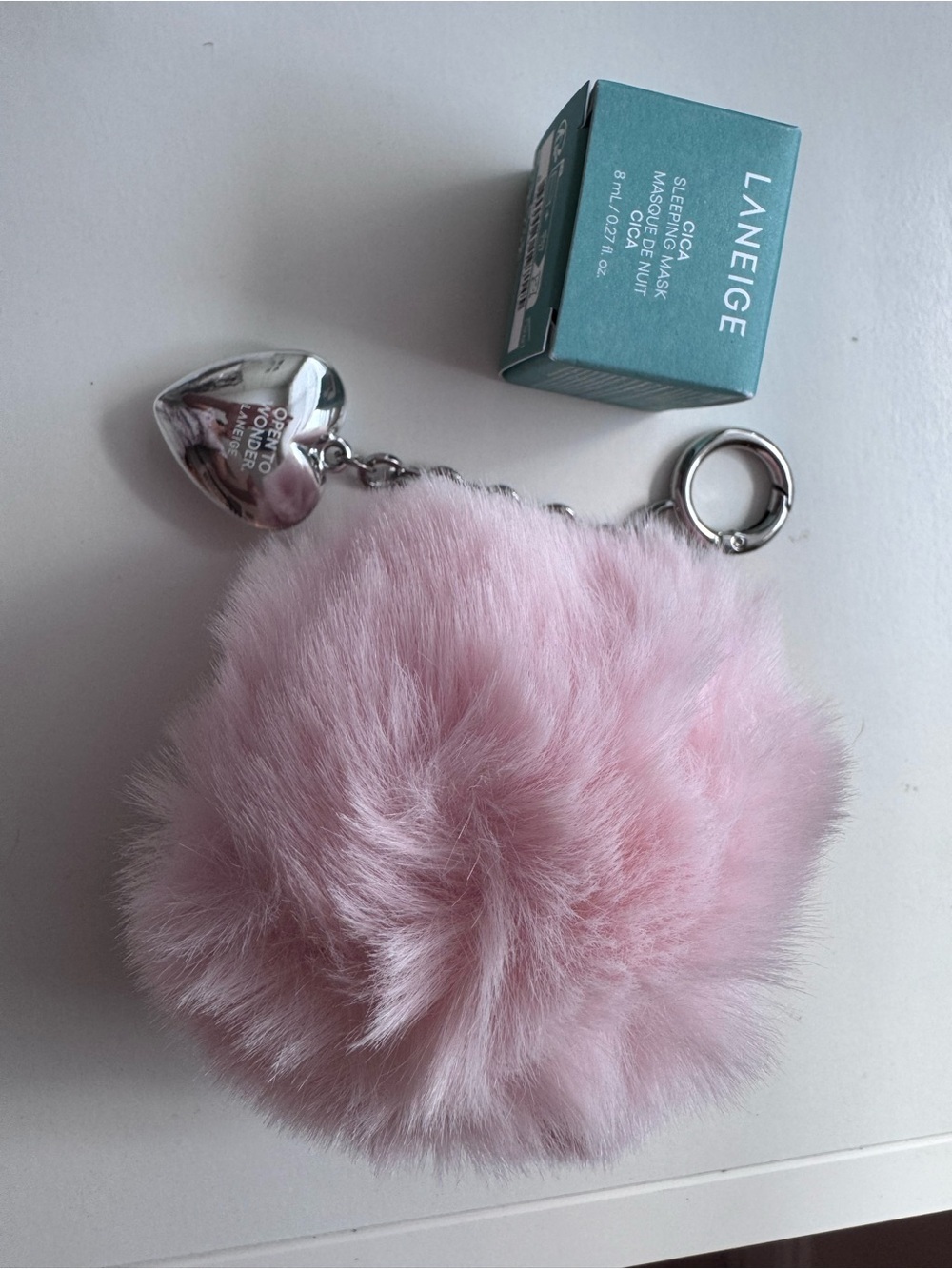 LANEIGE Pink Faux Fur Pom Keychain with Heart Charm & Cica Sleeping Mask